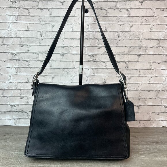 Vintage Coach Black Leather Studio Flap Shoulder Bag #9828 - Picture 1 of 7